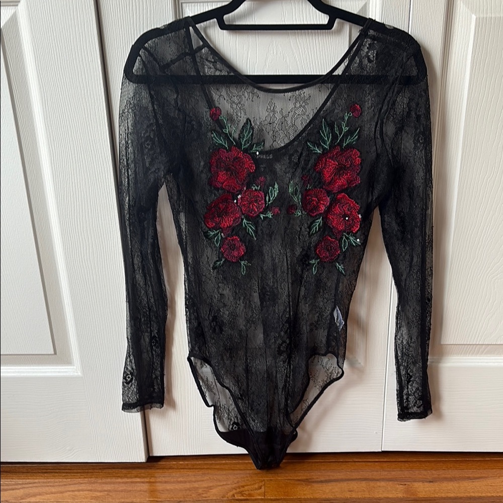 Black Lace Bodysuit with Red Floral Embroidery